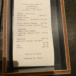The Bill with a 20 percent service charge