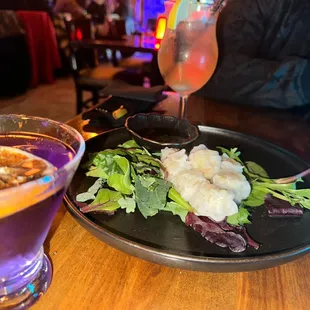 a plate of food and a drink