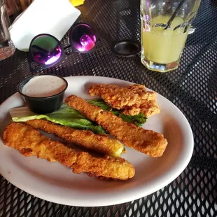 Chicken tenders and fried zuchinni
