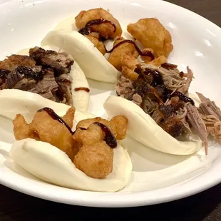 Crispy Chicken and Asian BBQ Brisket steamed buns