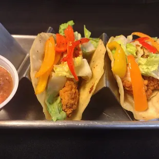 This is a new Taco Tuesday Special. Crispy Chicken Fajita Tacos with the house made salsa
