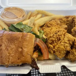Catfish and half of brisket sandwich