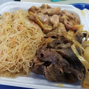 Combo plate, chicken curry, bistek, and pancit