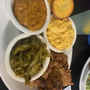 Fried chicken, turnip greens, mac n cheese, sweet potatoes and jalapeno cornbread