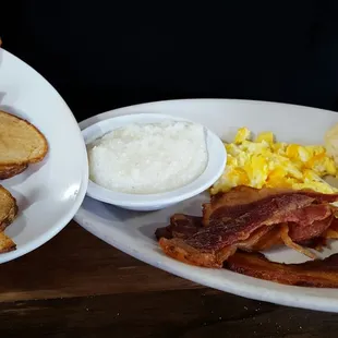 House Special, with bacon, home fries, biscuits, and grits.