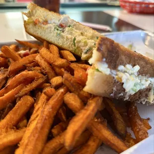 Crabmeat grilled cheese and sweet potato fries.