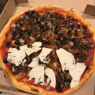 What do you do when your favorite pizza place doesn't have vegan cheese?  You bring it home and put your own vegan cheese on it!