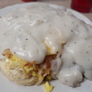 The Sunrise Special...A huge breakfast sandwich somewhere under that blanket of rich gravy. Yum