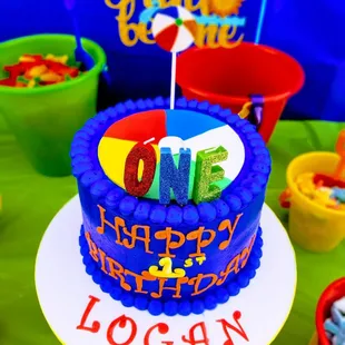 Confetti cake with confetti butter cream frosting. We added the &quot;One&quot; candles and the &quot;fun to be one&quot; cake topper.