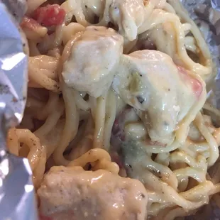 Huge chunks of chicken and delicious cheesy noodles. So good!