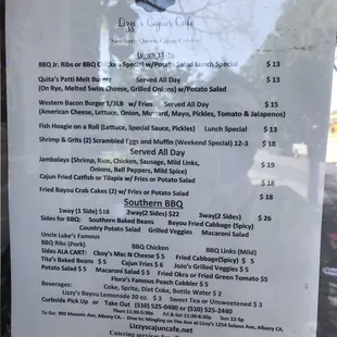 Menu at Lizzy&apos;s Cajun Café in Albany.
