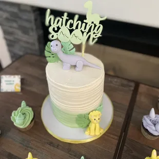 Hatching soon theme baby shower cake and cupcakes