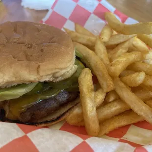 Bacon jalapeño cheddar burger and fries