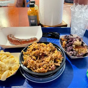 Brisket fried rice, sausage, Mac n cheese, blueberry cobbler