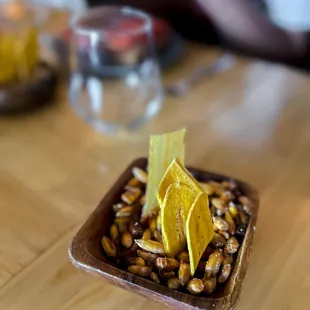 a small bowl of food on a table