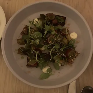 Japanese Eggplant, Pine Nut, Huacatay, Fresh Cheese, Grapes