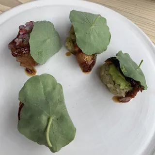 Aged Duck Breast Ngiri, Cilantro, Banana, Nasturtium