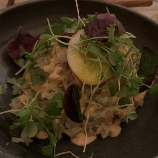 Octopus, Alaskan King Crab, Shiso, Egg, Jasmine Rice, Dashi, Soy