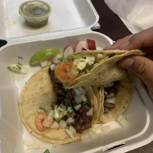 Today's lunch, 2 large asada tacos and a large shrimp taco