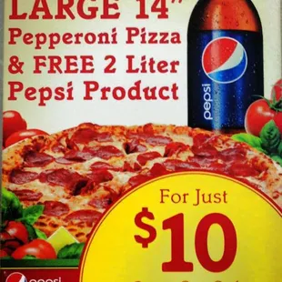 a large pizza and a bottle of pepsi