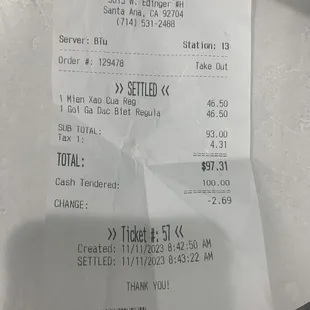 receipt for 2 small trays