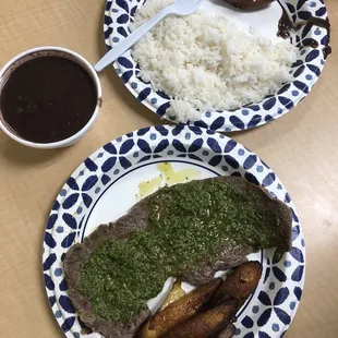 Steak Chimichurri with maduros, and Black Beans &amp; Rice