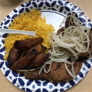 Pork Chops (Chuletas de Puerto) with yellow rice and maduros