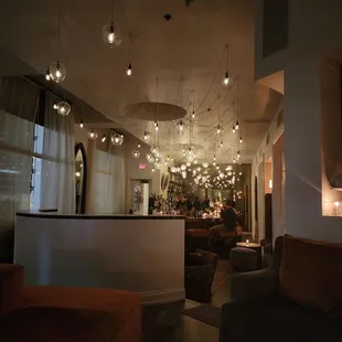 a dimly lit living room