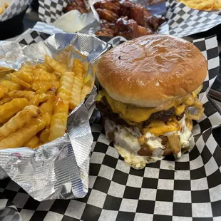 The burgers and cheese fries.