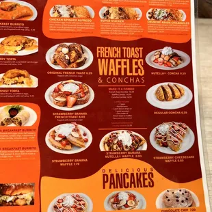 a menu for french toast waffles and pancakes