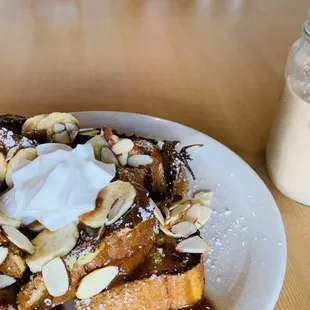 Messy almond banana French toast and mazapan ice coffee