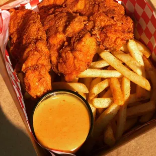 3 Fried chicken tenders seasoned w/side of fries
