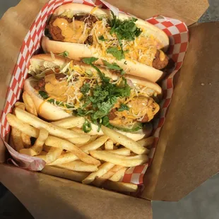 Two fried chicken tender rolls, w/seasoned fries