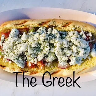 Special of the week! Tomato, red onion, and cucumber relish. Topped with homemade tzatziki sauce and feta cheese!