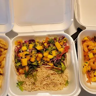 Tacos,  blackened chicken mac, and coconut shrimp rice bowl