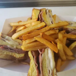 Monte Cristo turkey ham Swiss
On egg battered bread served with fries