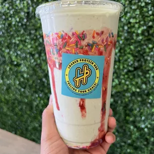 36oz Birthday Cake Shake (with a super greens supplement add-in).