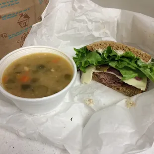 half white chicken chili soup and half roast beef sandwich