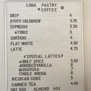 Drinks menu