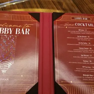 the menu for the lobby bar