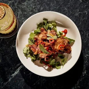 a plate of food and a drink