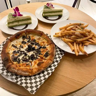 Cacio e Pepe pizza, Truffle Parmesan Fries, Matcha Tiramisu