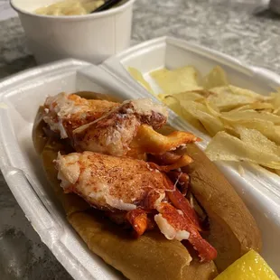 Maine Lobster Roll with potato chips, and a side of clam chowder.