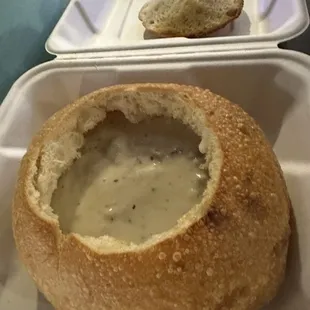 New England Clam Chowder Soup in a bread bowl