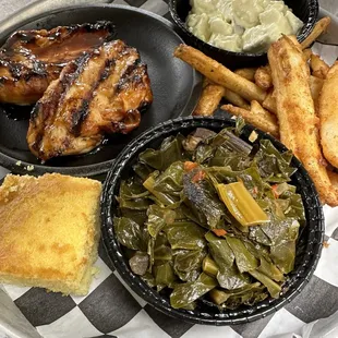 Pick one combo with chicken breast, collard greens, potato salad, brew city fries, and cornbread