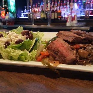 The Mediterranean Plate at Loby&apos;s.  Available in steak, chicken, or salmon.