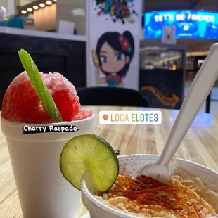 Cherry Raspado and vegan elote cup!