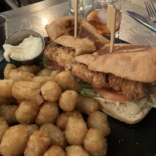 Fried chicken sandwich and tater tots $18