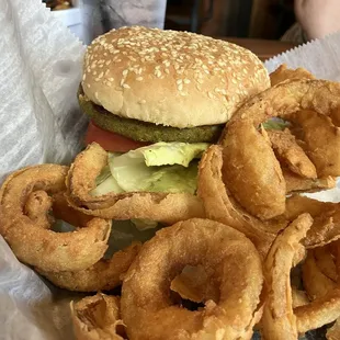 Veggie burger. Sub onion rings