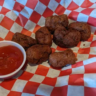 Corn dog bites. Flavourless and overcooked.